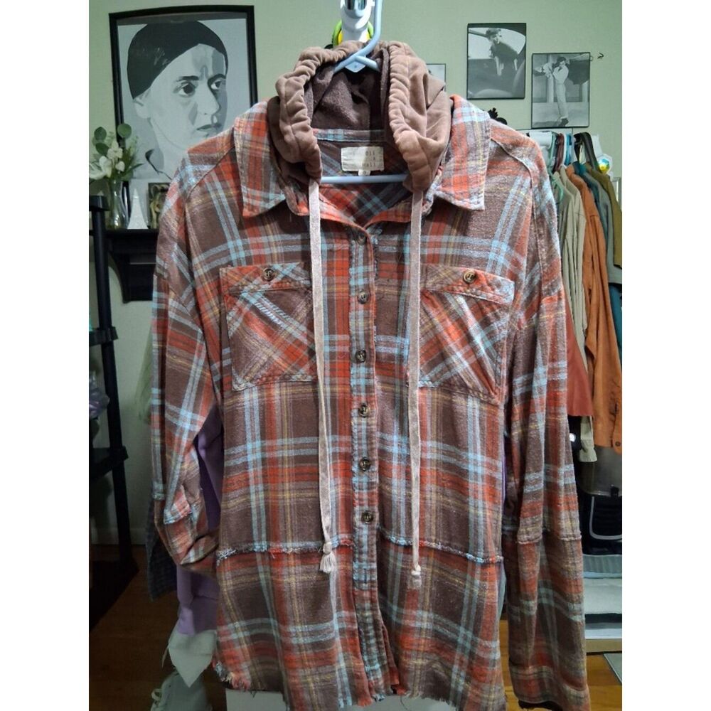 Oli & Hali Oversized Plaid Flannel Patchwork Shacket Sz M Earth Tones (DS8180)